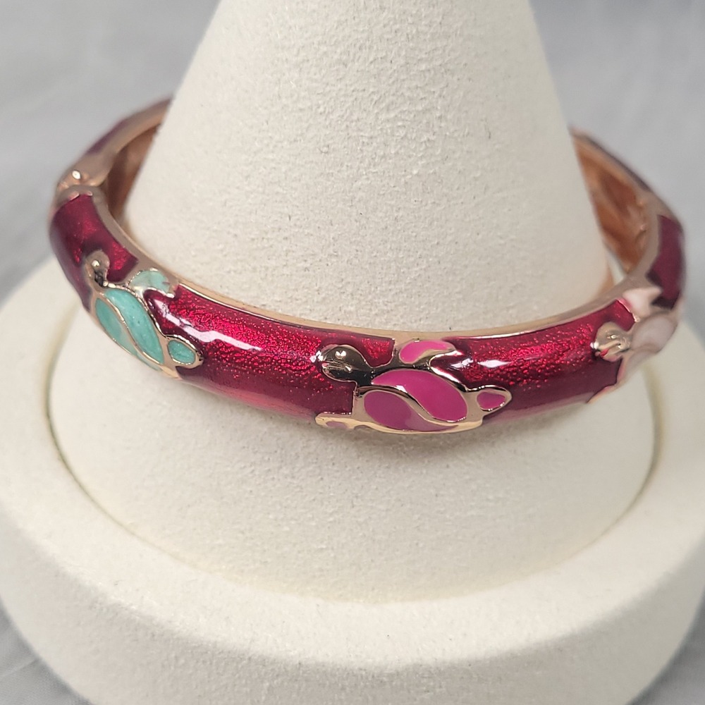 Jiu Long Xing Cloisonne Bangle 7.25" Red Sea Turtle Enamel Hinged Bracelet